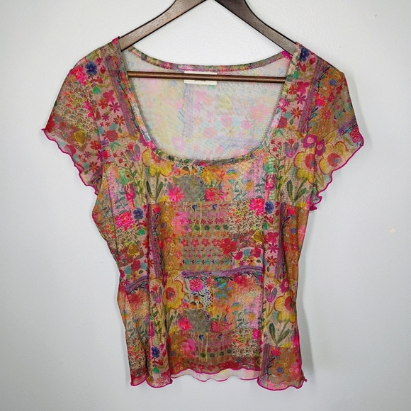 Natural Life Devon Mesh Short Sleeve Top Womens Large Multicolor Floral Hippie - Picture 1 of 9